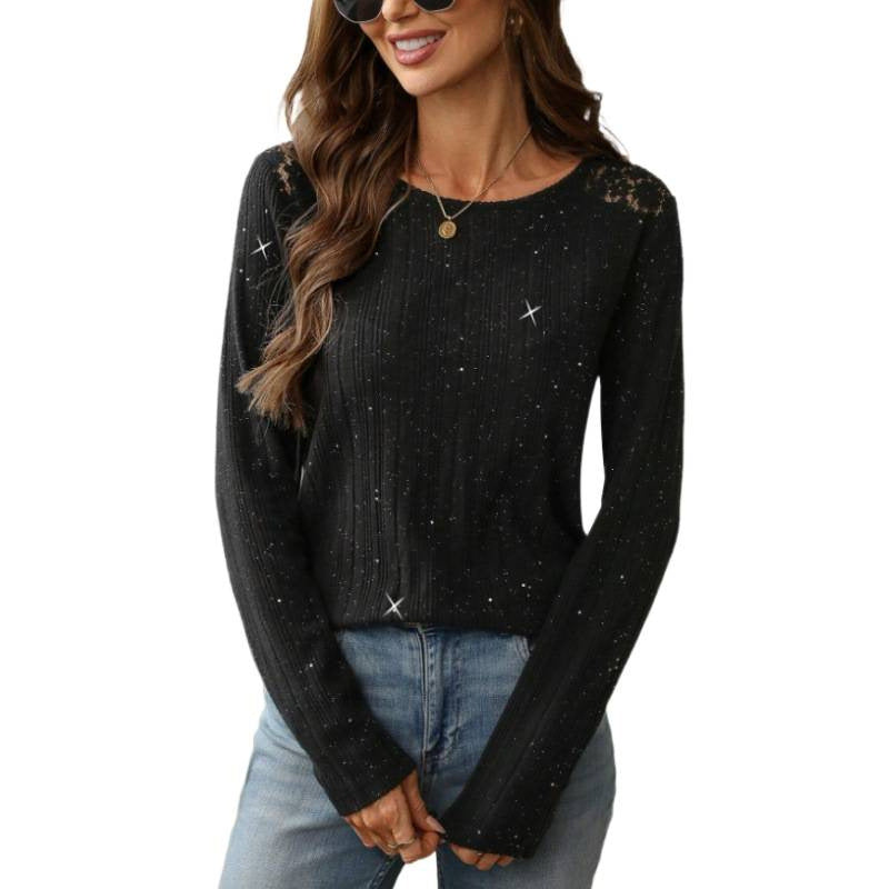 women's sequin ribbed knit sweater - long sleeve lace patch crew neck casual top