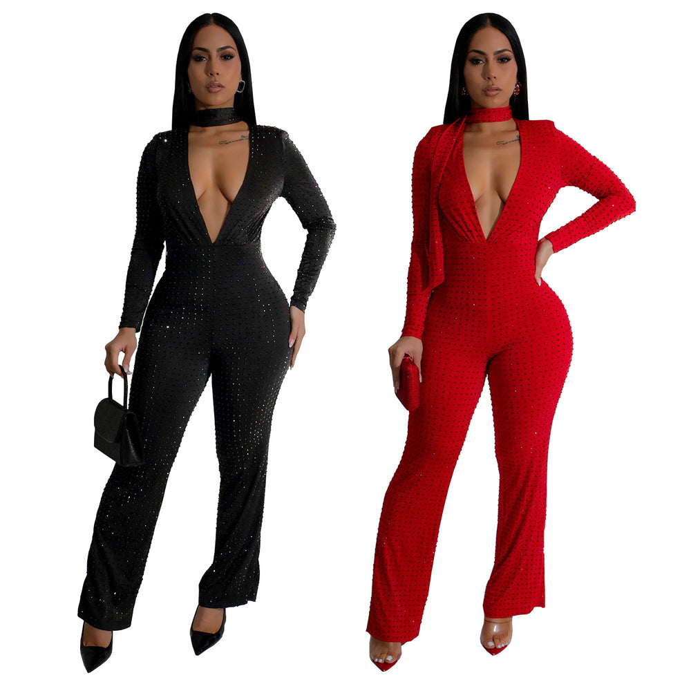 C7213 cross-border   fashion women's sexy v-neck long sleeve rhinestone arm cover jumpsuit new
