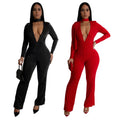 C7213 cross-border   fashion women's sexy v-neck long sleeve rhinestone arm cover jumpsuit new
