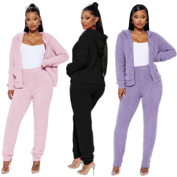YD8788-H5 European and American women's clothing, 's new models, fashionable and casual hooded rice velvet two-piece set,  women's clothing