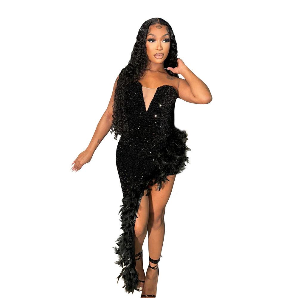 C6713 cross-border   fashion women's solid color bandeau backless sequin feather dress
