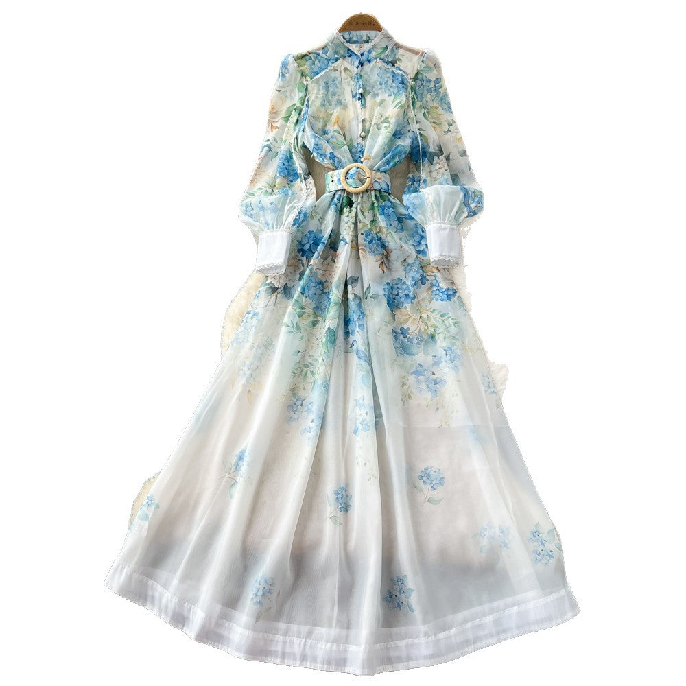 French chic lace trim floral print dress - women's stand collar long sleeve cinched waist tie a-line maxi dress - perfect for work