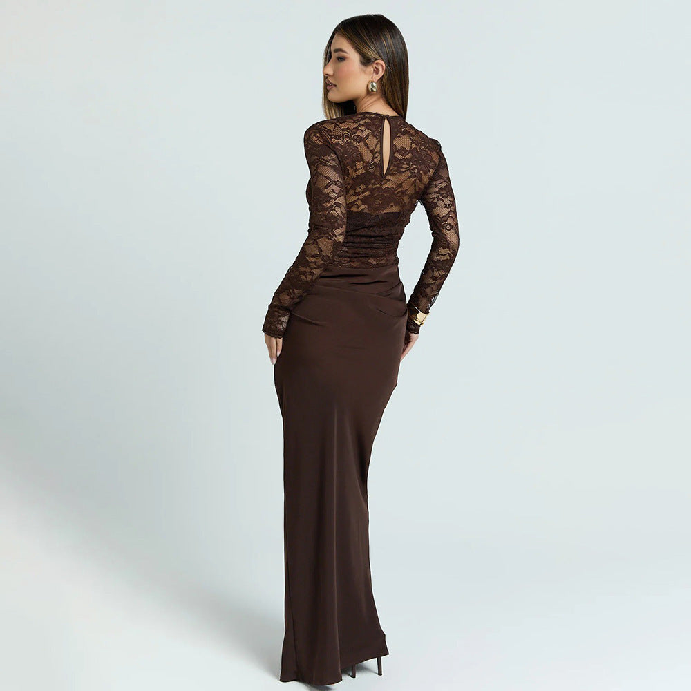 European and american style women's spring new arrival: elegant and chic round neck bandeau long sleeve sexy lace see-through patchwork dress