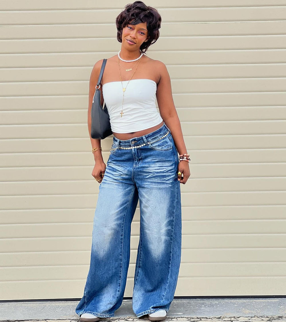 European and american women's casual jeans -  cross-border women's fashion streetwear - monkey wash wide leg casual trousers