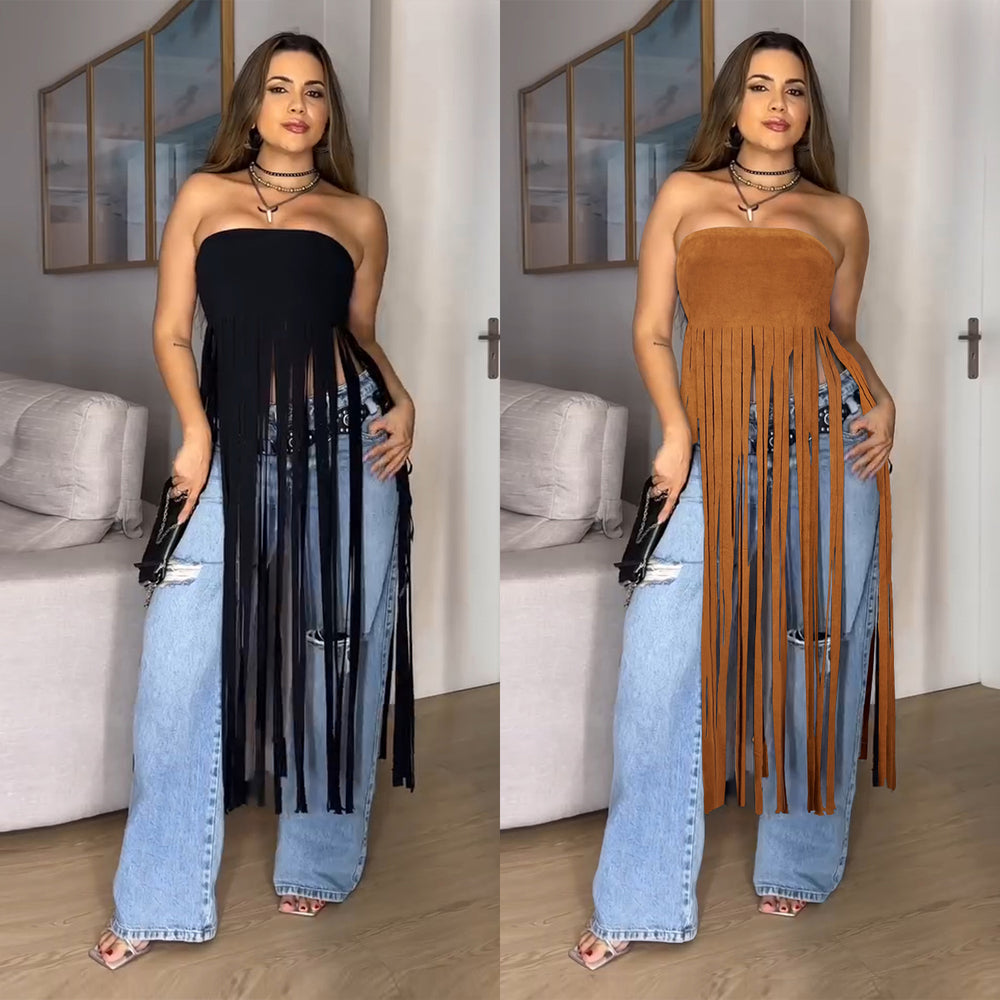 C7436 cross-border   fashion women's clothing: deerskin velvet sexy bandeau solid color tassel maxi dress