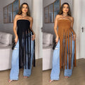 C7436 cross-border   fashion women's clothing: deerskin velvet sexy bandeau solid color tassel maxi dress