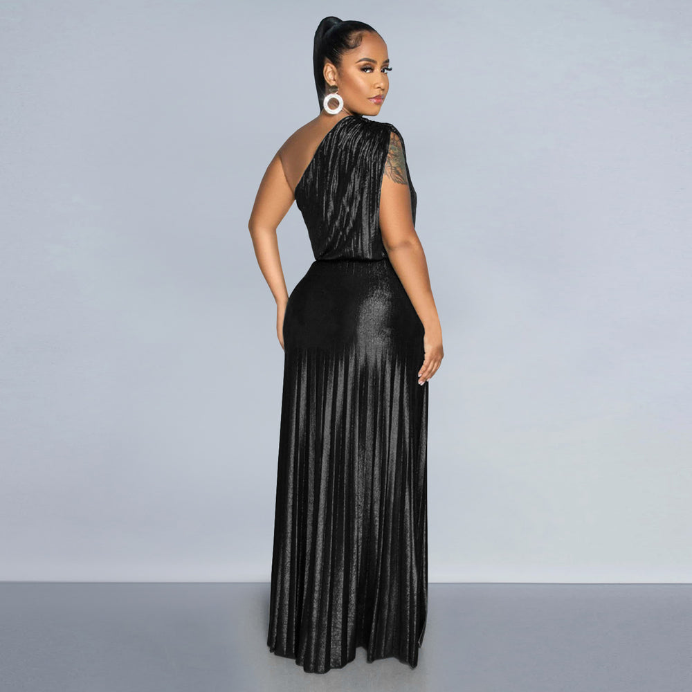 C7506 cross-border   fashion women's elegant gold foil one-shoulder sleeveless solid color dress