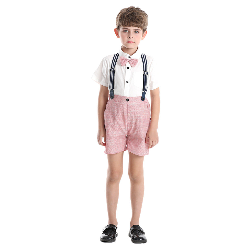 Summer kids' new european and american gentleman short-sleeve shirt set, children's suspender shorts two-piece outfit, first birthday dress