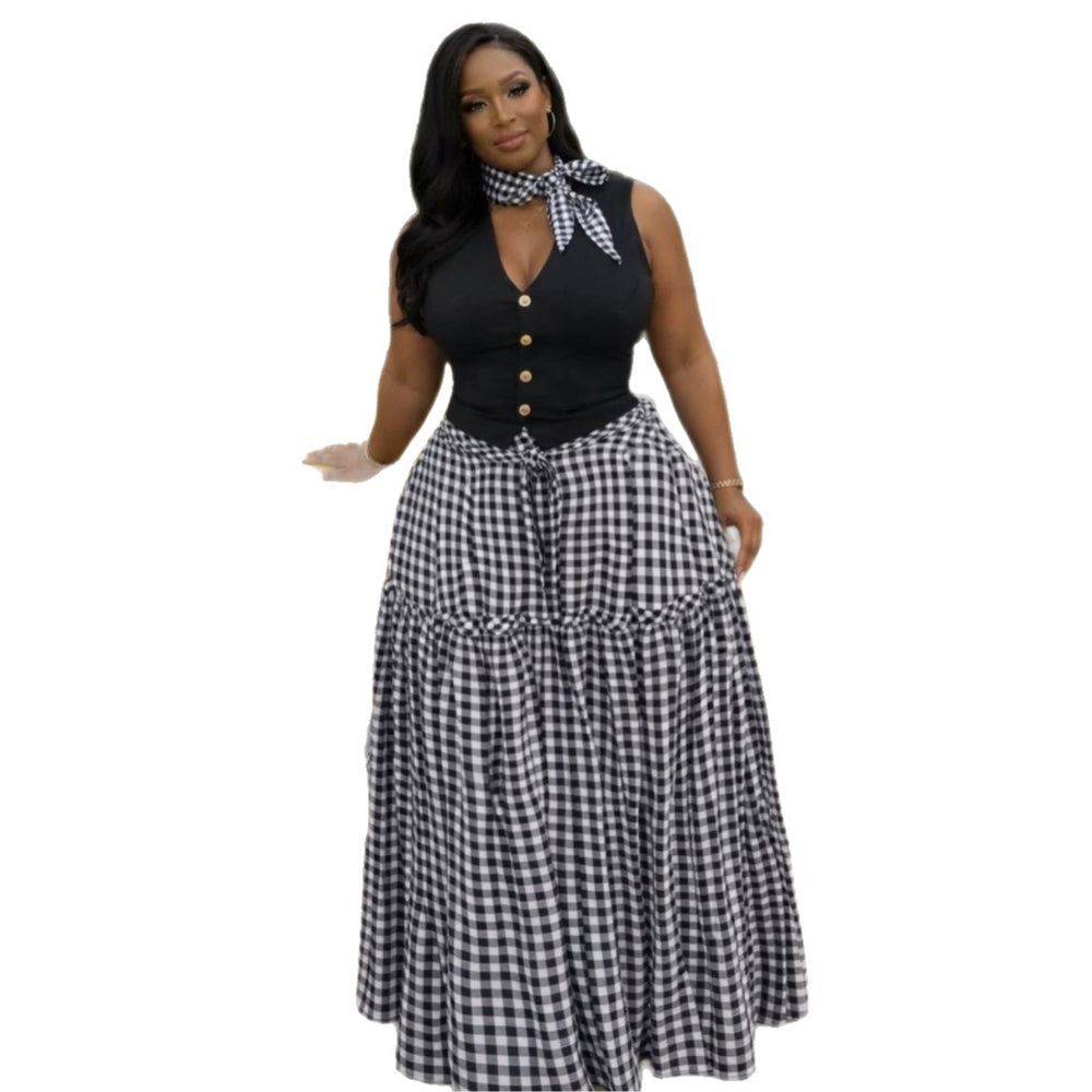 Fashion cross-border women's clothing  summer new elegant high waisttie backplaid fungus edge long large swing skirt