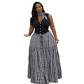 Fashion cross-border women's clothing  summer new elegant high waisttie backplaid fungus edge long large swing skirt
