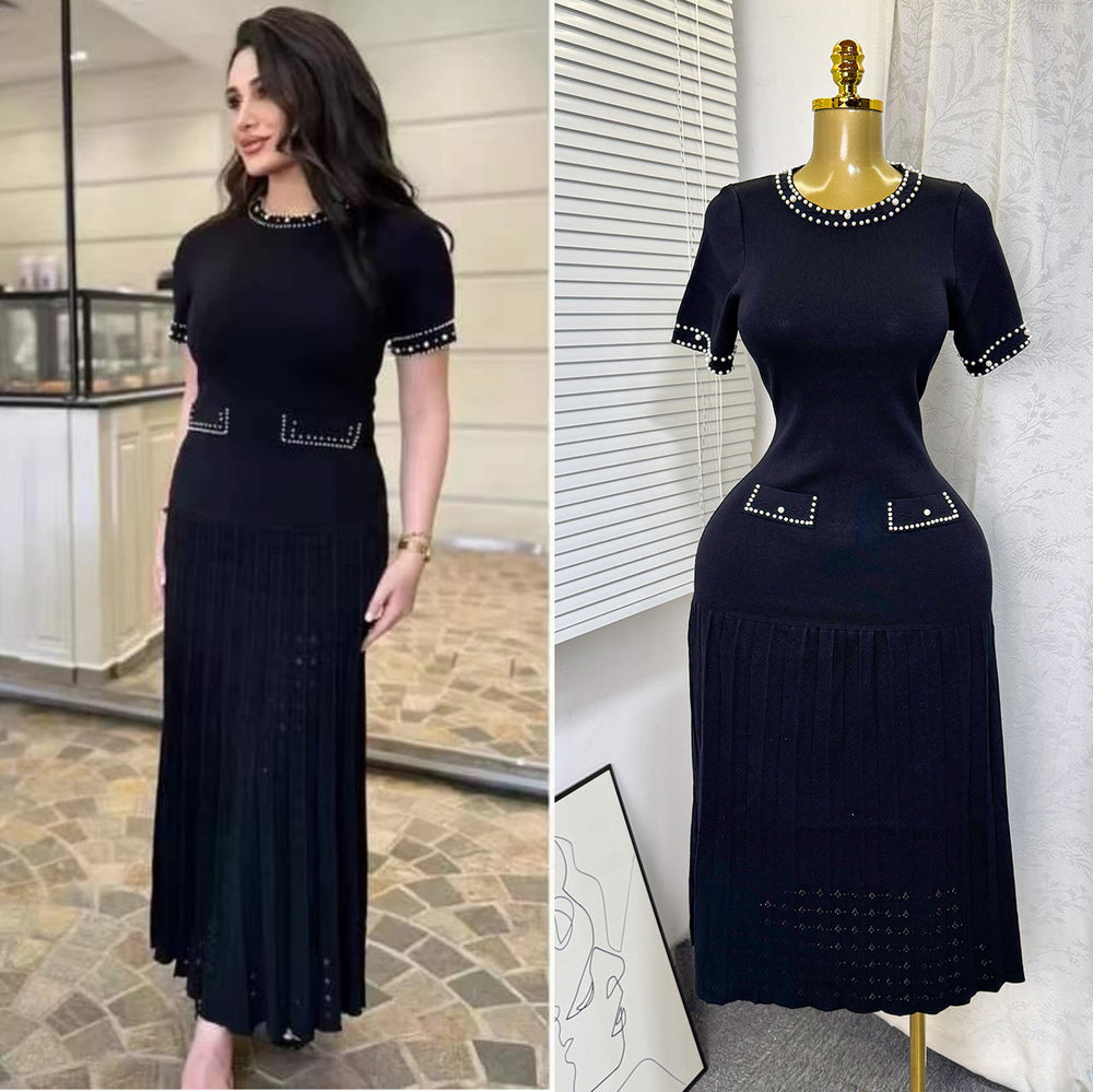 French chic beaded crew neck short sleeve knit dress - women's slimming, figure-flattering, and elegant inner layer sweater dress