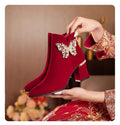 2024fall and winteroutwearfashionboots women's pointed toe thin heel xiuhu red bridal shoes pearl suede short boots