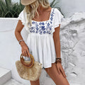 European and american cross-border women's lace square neck short sleeve embroidered blouse - new  spring/summer cool & casual style
