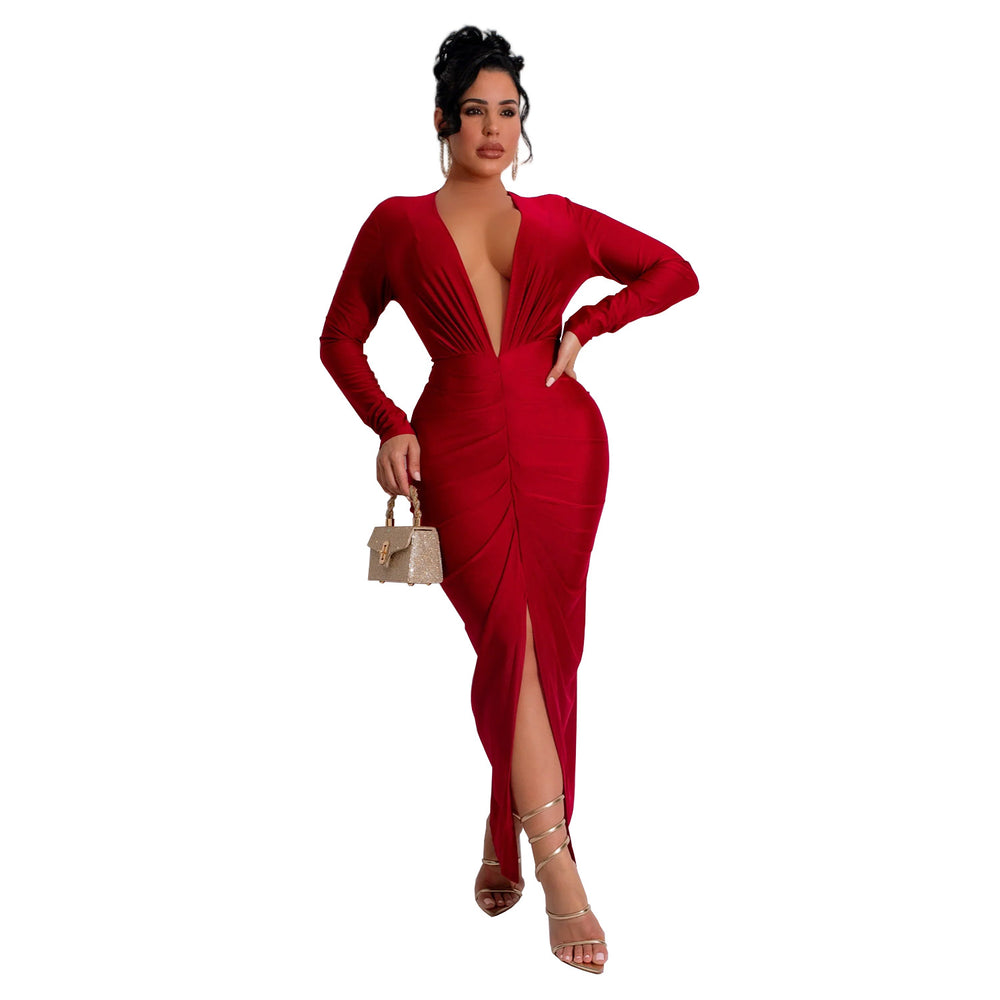 C7118 cross-border   fashion women's bodycon v-neck slit solid color dress - new arrival