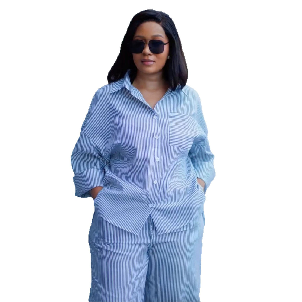 European and american cross-border women's clothing  summer new fashion casual loose striped shirt wide-leg pants casual set