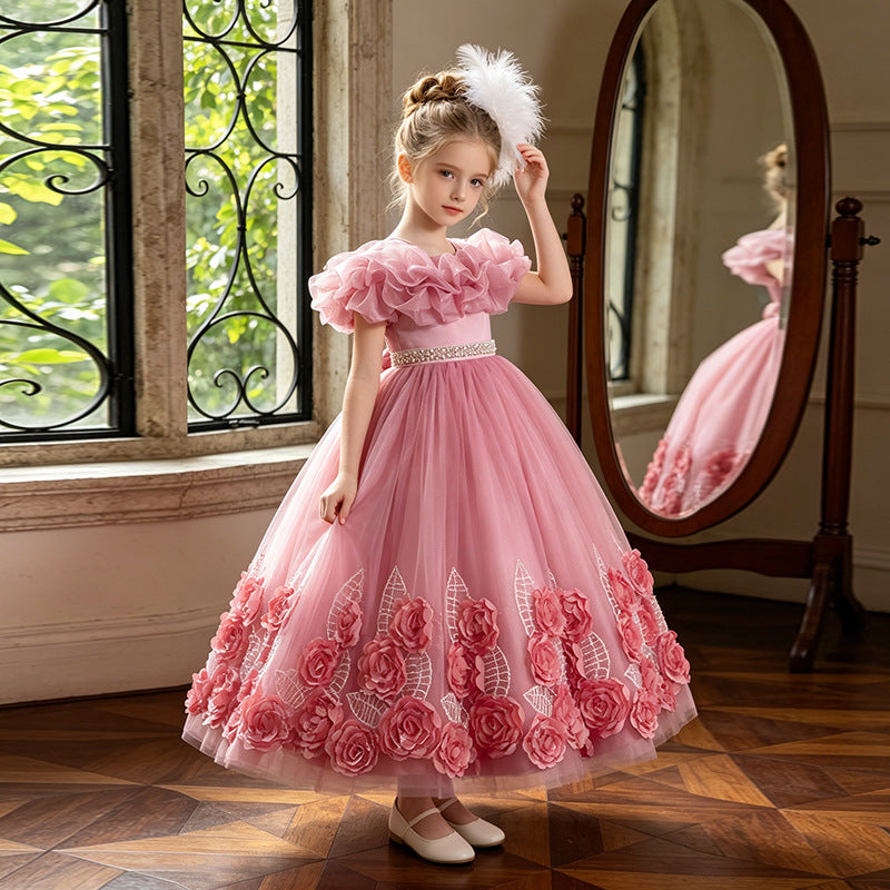 new arrivallonggirl dress stereo applique tutu tulle kids birthday princess dress flower girl wedding dress