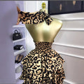 European and american cross-border women's fashion:  early summer new sleeveless halter leopard print cinched waist ruched puffy mini dress