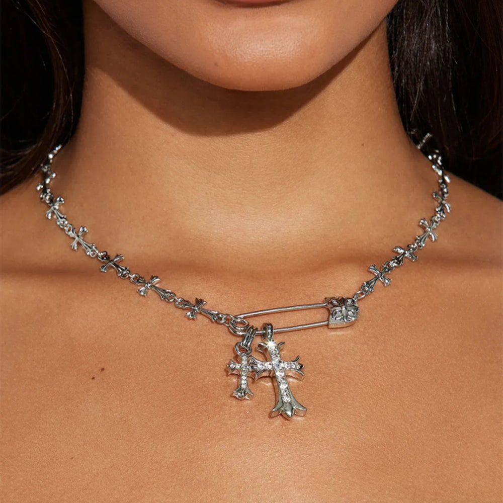 Sweater chain wholesale european and american cross-border jewelry niche design cross necklace sweet cool hip-hop style pin necklace