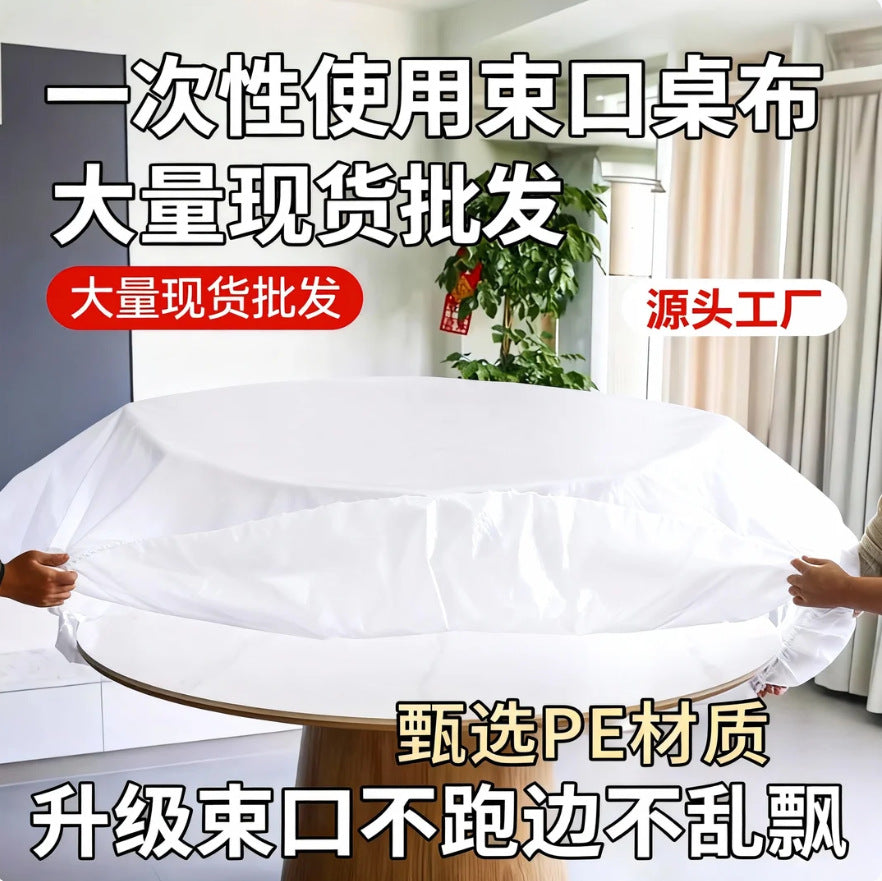Disposable tablecloth with elastic drawstring for round and rectangular tables - plastic film table cover - red & white