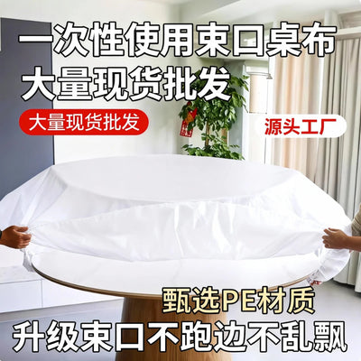 Disposable tablecloth with elastic drawstring for round and rectangular tables - plastic film table cover - red & white