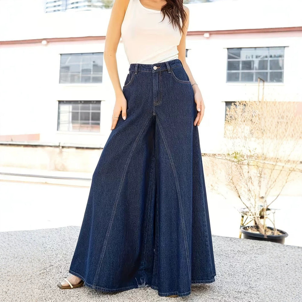 Fashionjeans women's retro dark blue split topstitch wide-leg pants high waist drapedloosemop pants