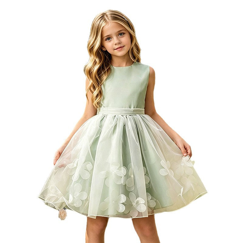 Amazon girls' sleeveless sundress with 3d floral appliqués - european & american style princess dress - in stock