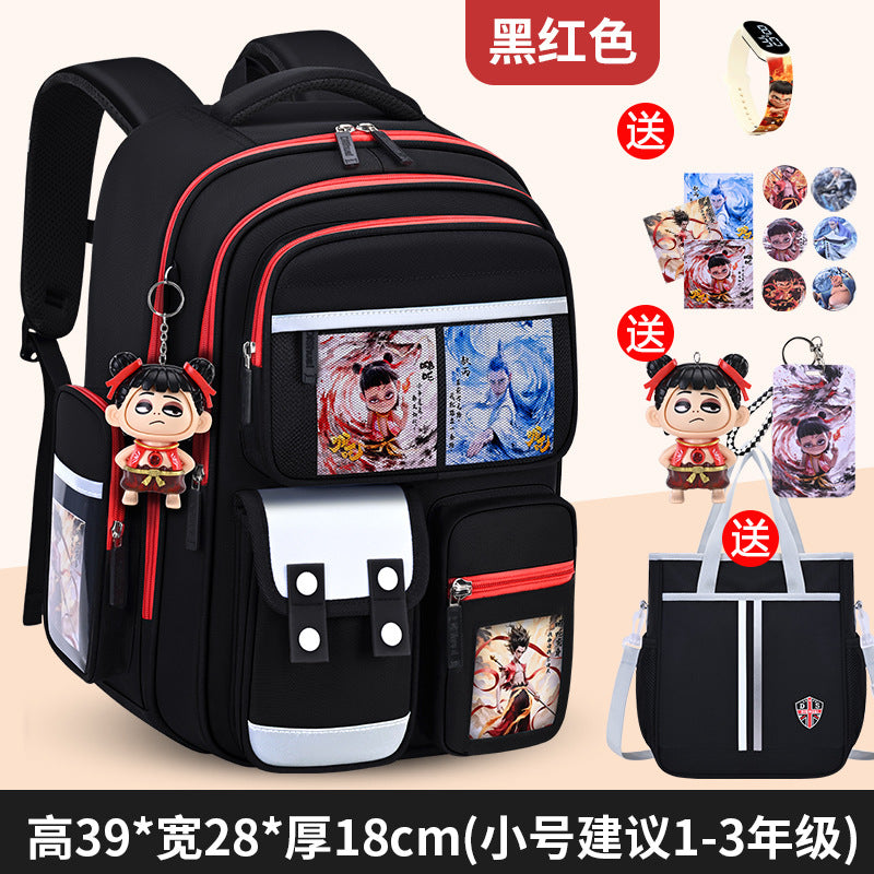 New nezha backpack for boys and girls, grades 1-6: spine protection, lightweight design, and extra-large capacity