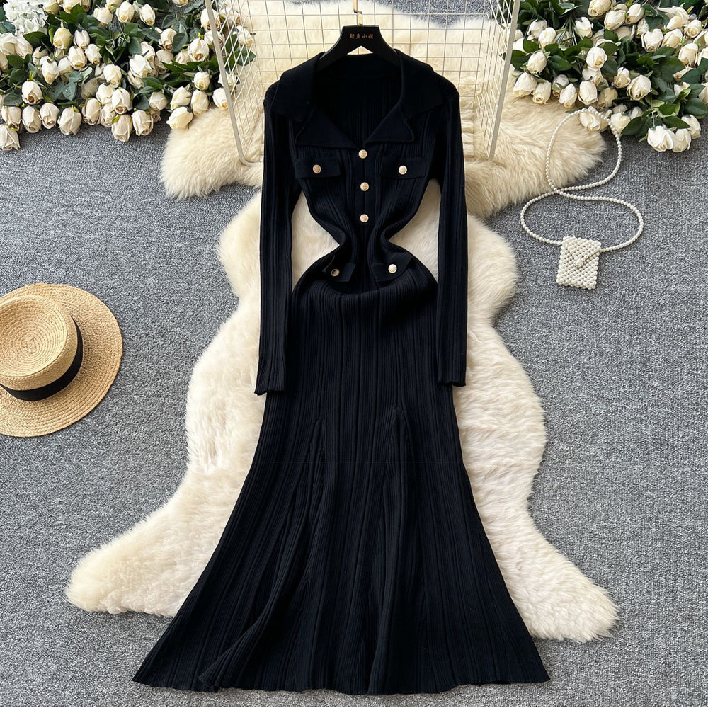 export tweed styleelegance lapel long sleeves metal button waist knittingdressautumslimming look midi skirt