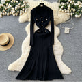 export tweed styleelegance lapel long sleeves metal button waist knittingdressautumslimming look midi skirt