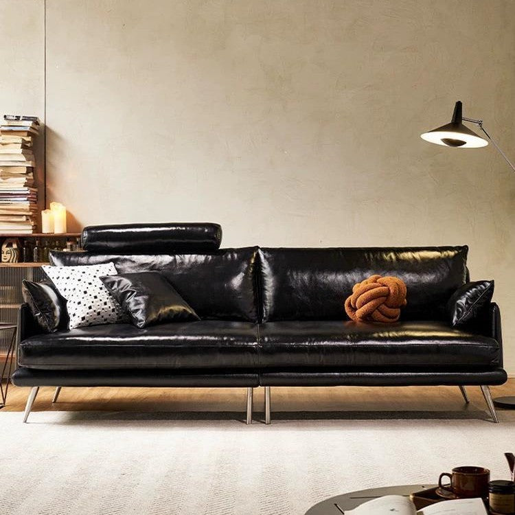 Retro oil wax genuine leather sofa first layer cowhide small apartment living room three-person slot medieval american french caramel color