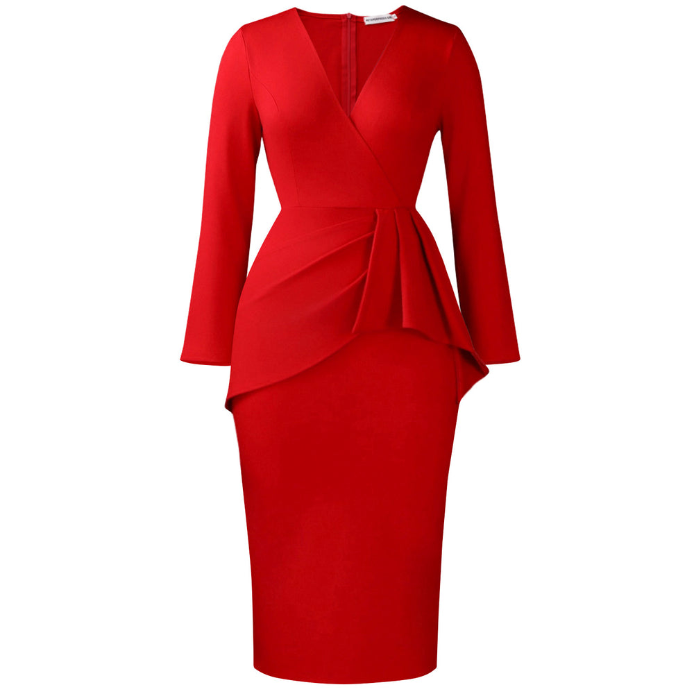 D606 european and american women's clothing  fall/winter fashion v-neck long sleeve solid color pleated bodycon office lady african dress