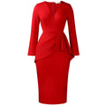 D606 european and american women's clothing  fall/winter fashion v-neck long sleeve solid color pleated bodycon office lady african dress