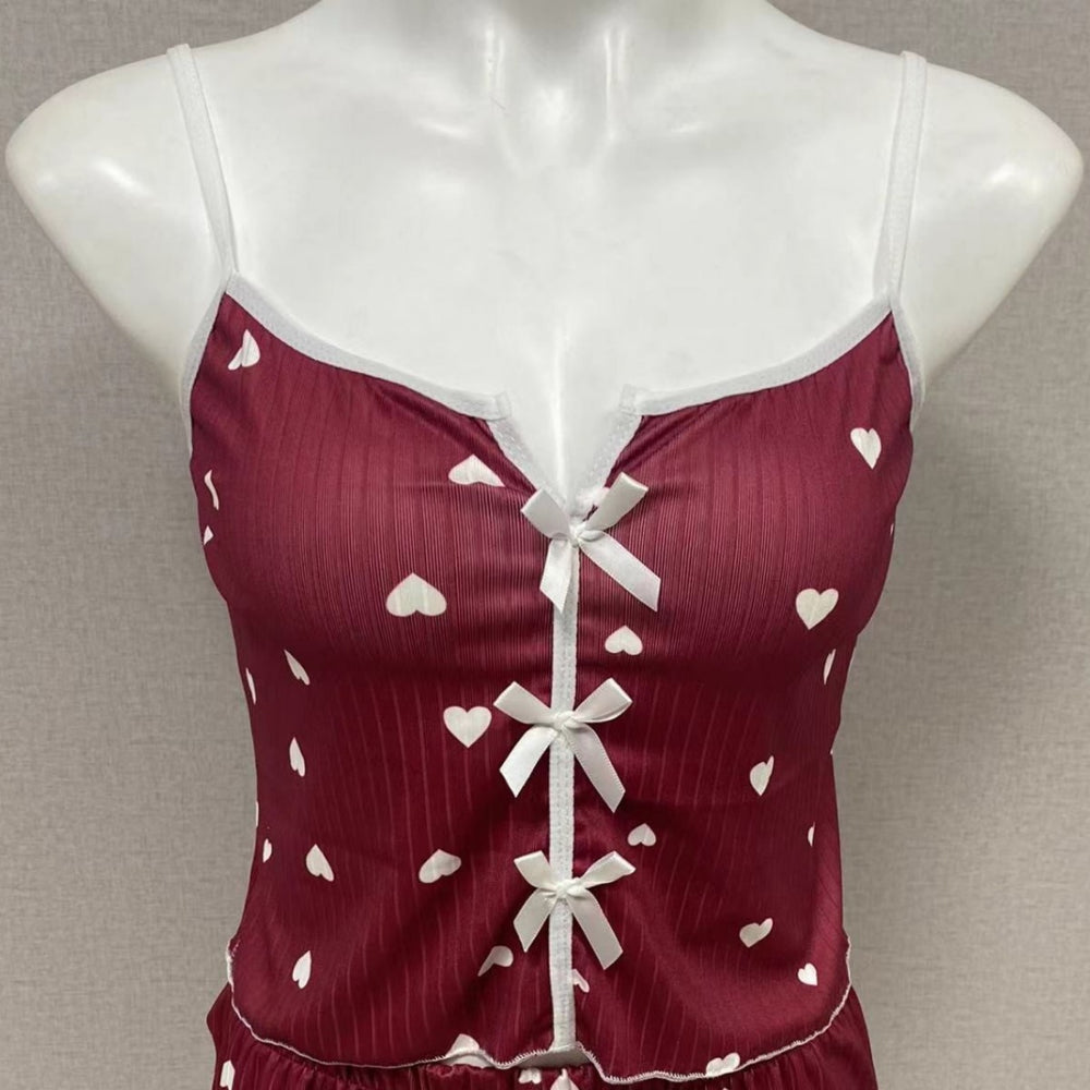 new arrival heart-shaped printingcontrast color home clothes front slit sexy pit strap pajamassuit