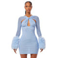 European and american export women's clothing  new fashion mesh criss-cross cutout plush sleeve bodycon mini dress