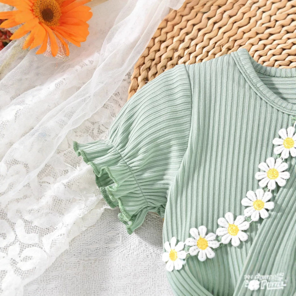 Baby girl party outfit cute ribbed knit patchwork mesh floral fake two-piece mesh romper dress with headband