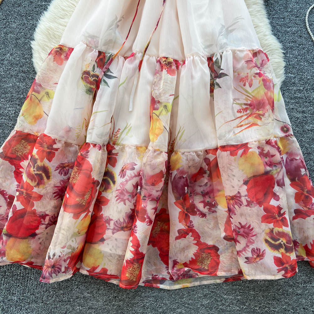 French riviera style sleeveless halter floral dress - women's spring/summer high-waisted a-line maxi dress - ethereal & chic