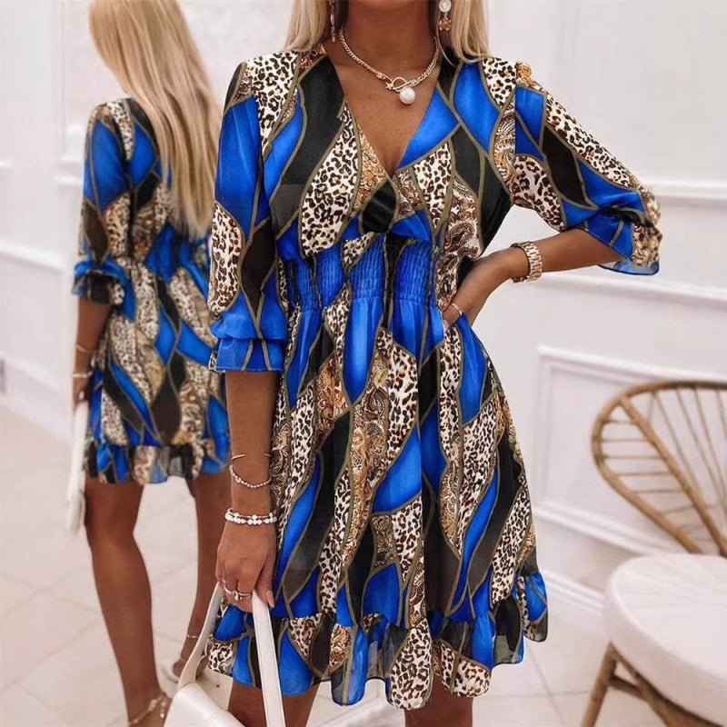 Amazon color block patchwork tiered v-neck flared sleeve a-line casual ruched waist ruffle chiffon dress for women