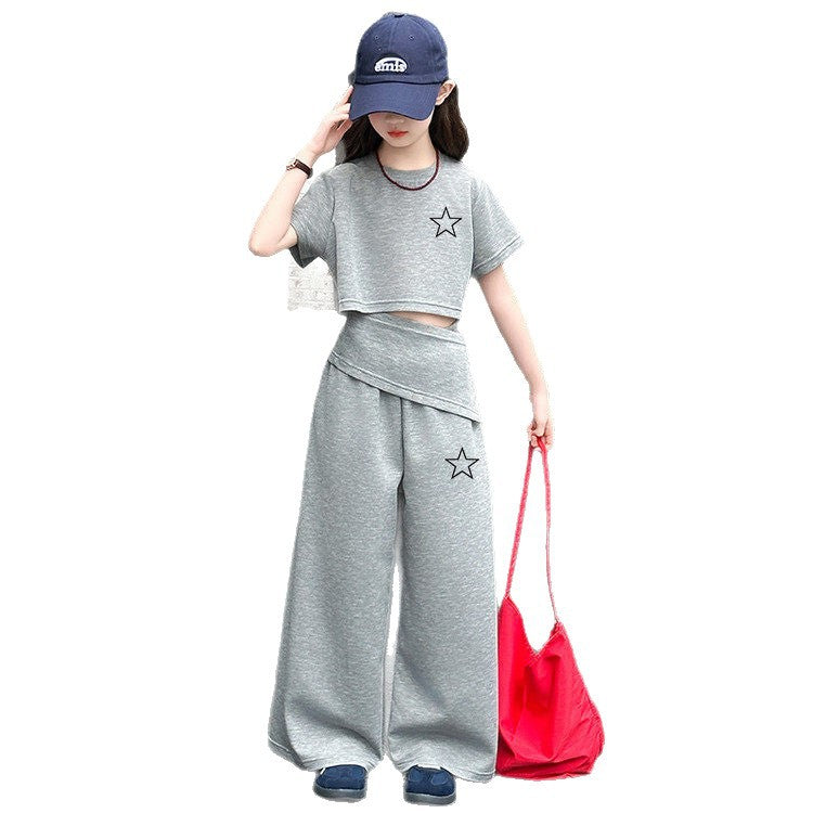 Girls' new korean style summer two-piece set: trendy, versatile, and chic - featuring irregular design and casual wide-leg pants