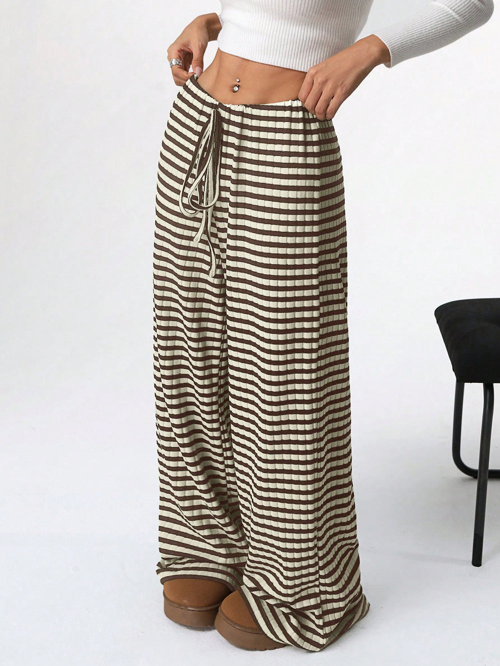 fall/winter  us & european cross-border women's new casual striped solid color elastic drawstring cotton straight-leg pants