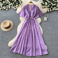 French-style embroidered v-neck dress - women's summer korean style short sleeve slimming a-line maxi dress - vacation ready