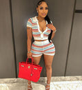 European and american cross-border women's clothing:  summer new street style sexy striped distressed breathable knit shorts set