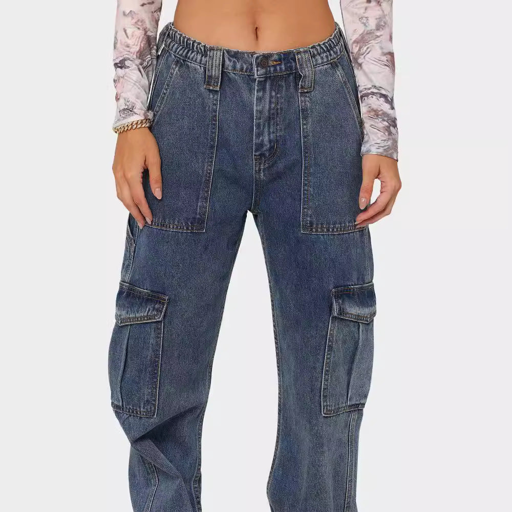 Y2k style   jeans women's new multi-pocket high-waisted elastic waistband washed cargo pants