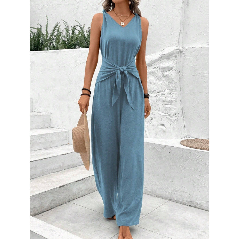 Women's sleeveless v-neck tie-waist bodysuit with knotted straps, wide-leg jumpsuit crop top - perfect for beach vacations and everyday casual wear