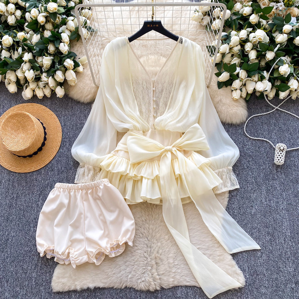 Fairy atmosphere niche stylebows strap waist lacepatchworklong sleevesruffles mesh dressshorts