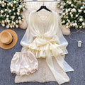 Fairy atmosphere niche stylebows strap waist lacepatchworklong sleevesruffles mesh dressshorts