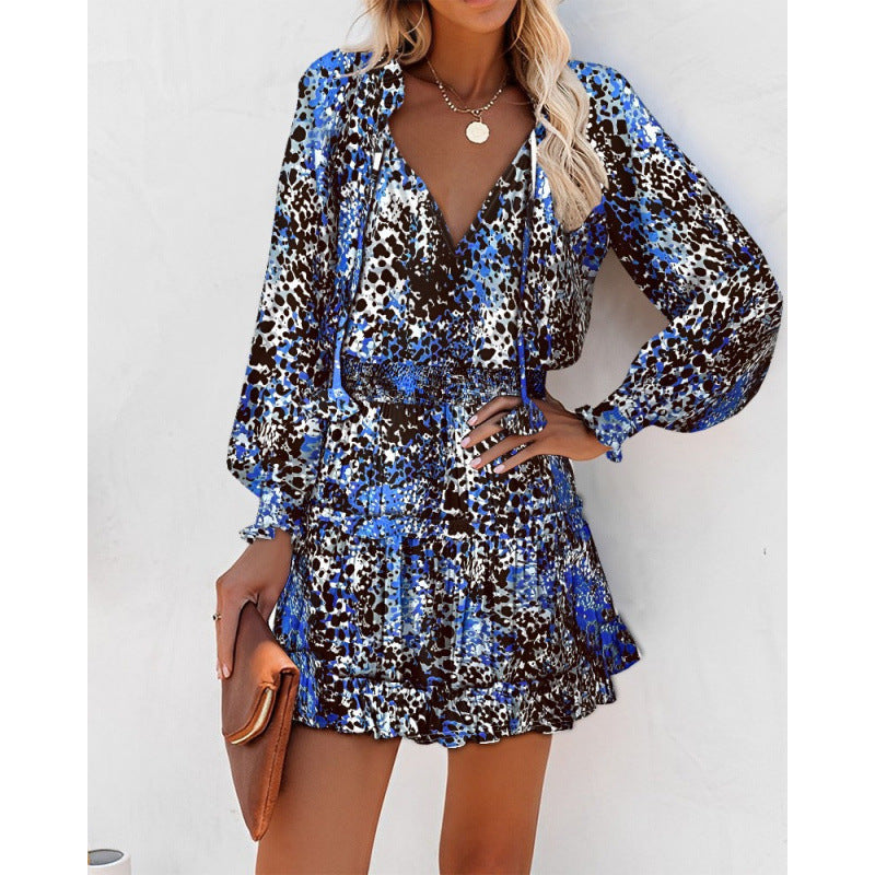 independent station  hot style spring and summer long sleeves v neckfashionprinting waist dress women's clothing