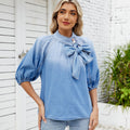 European and american cross-border spring new arrival:  retro loose-fit tie-neck denim shirt with bow detail - women's top