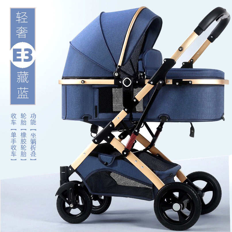 Newborn baby sleeping blue reversible, sit or lie down, high view baby stroller, foldable shock absorber stroller, two-way baby stroller