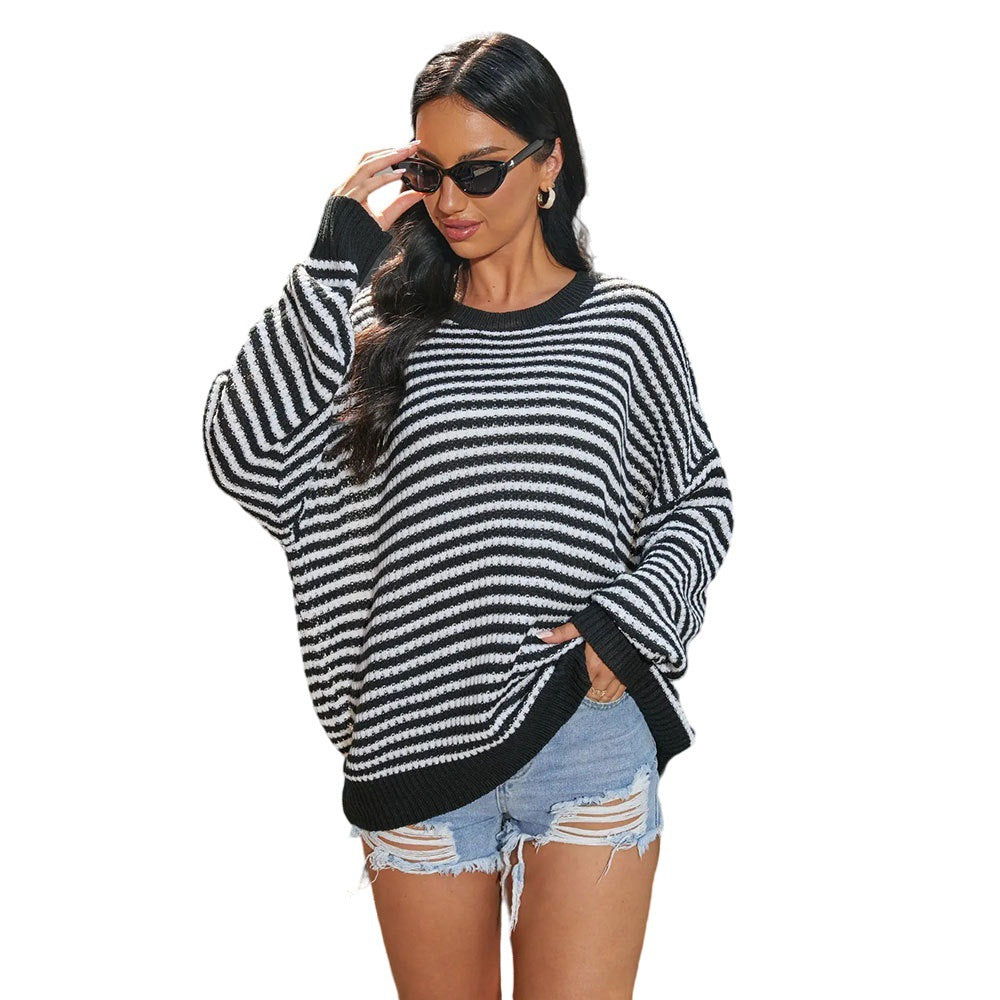 European and American  autumn and winter new crew neck striped off-the-shoulder knitted sweater with shoulder sleeves lazy fashion versatile pullover sweater