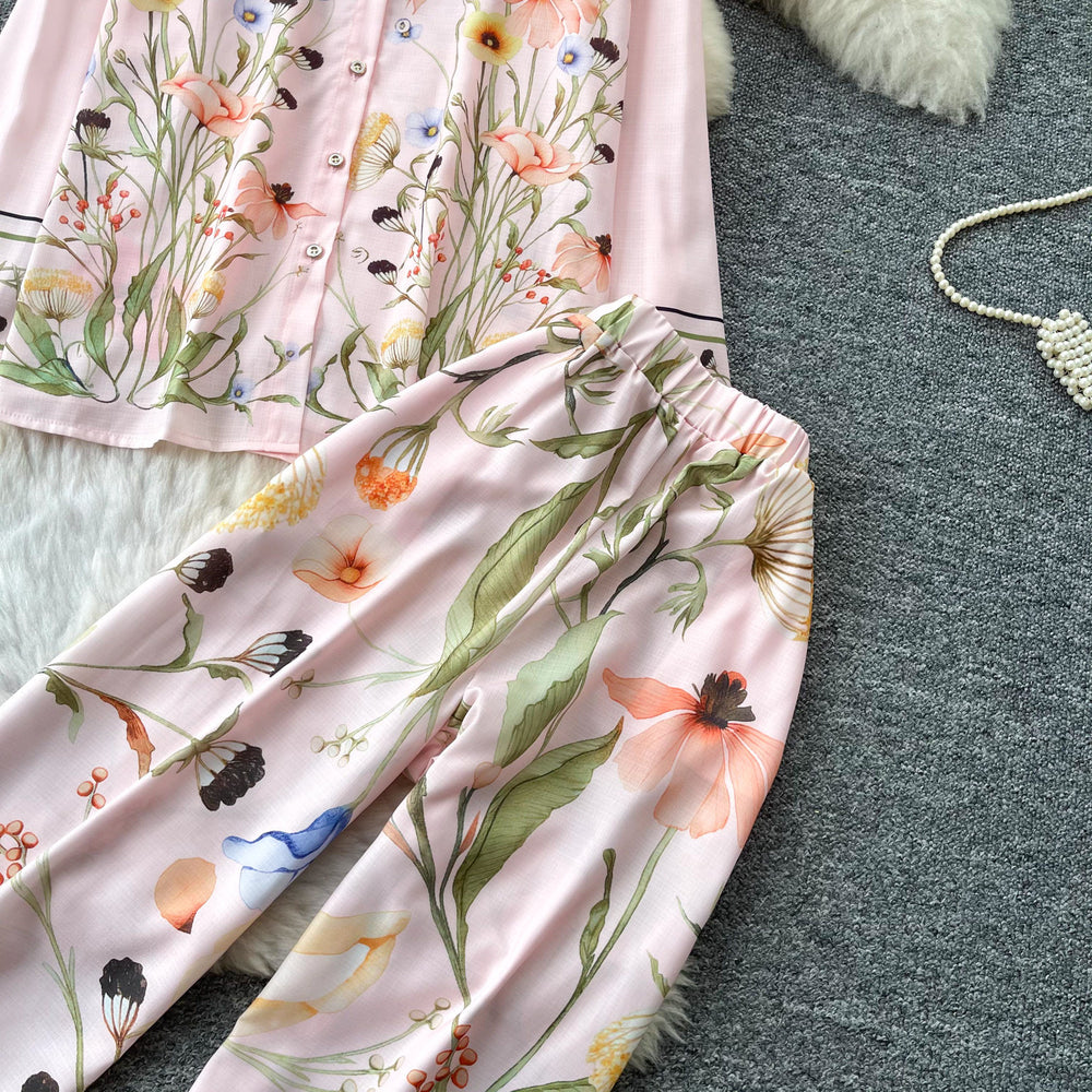Korean style commute chic floral print two-piece set: women's autumn polo shirt and wide-leg pants outfit